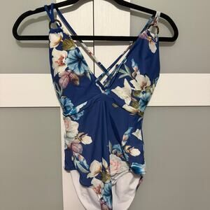 Cup she Blue Floral Strappy One-Piece Swimsuit Size Small